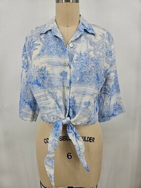 New Luisa Positano Linen Tania Top One Size Blue White Toile Tie Front Italy